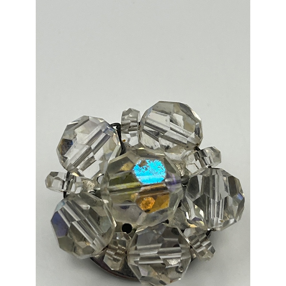 Vintage Aurora Borealis Crystal Cluster Clip On Earrings Iridescent Silver Tone - Picture 3 of 11